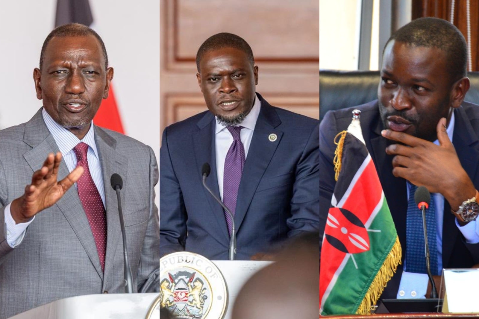 Collage photo of President William Ruto, Johnson Sakaja and Edwin Sifuna.